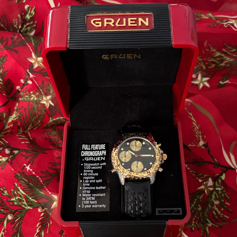 Vintage “Gruen” Men’s Black & Gold Chronograph Watch